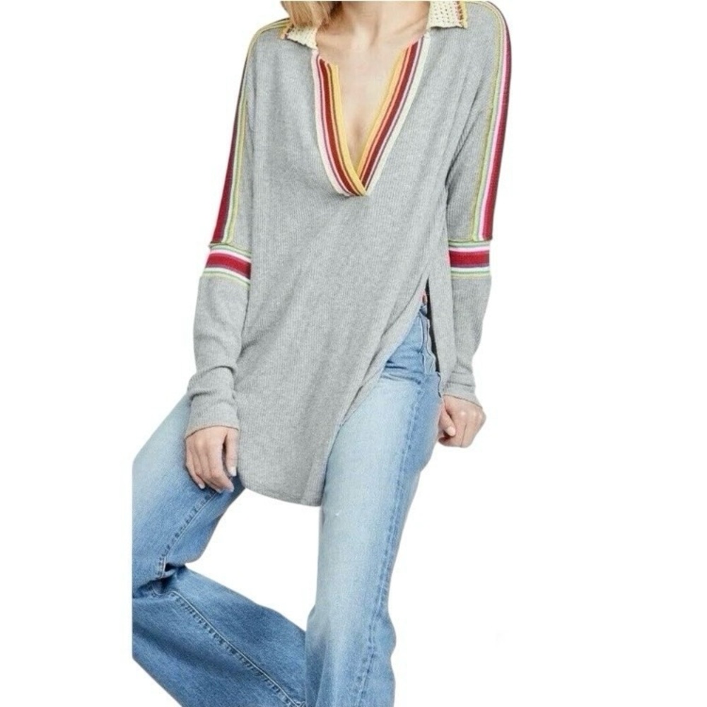 FP Feeling Magical Grey Ribbed Oversized Tunic Crochet Collar Racing Stripe - Picture 6 of 13